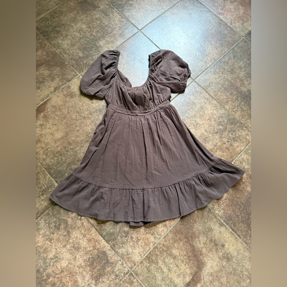 Hesperus Brown Gauze Puff Sleeve Midi Dress - Picture 1 of 6